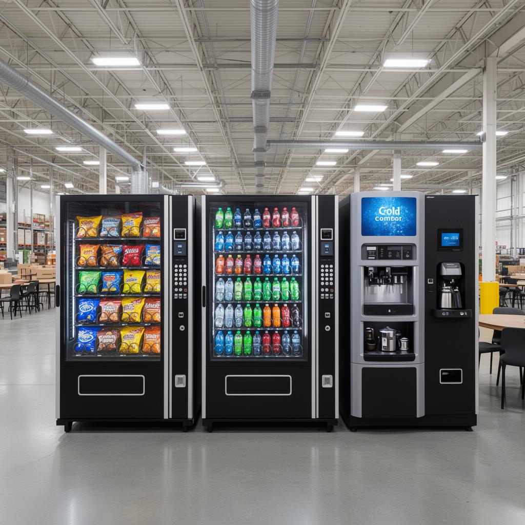 Row of vending machines in a warehouse break area